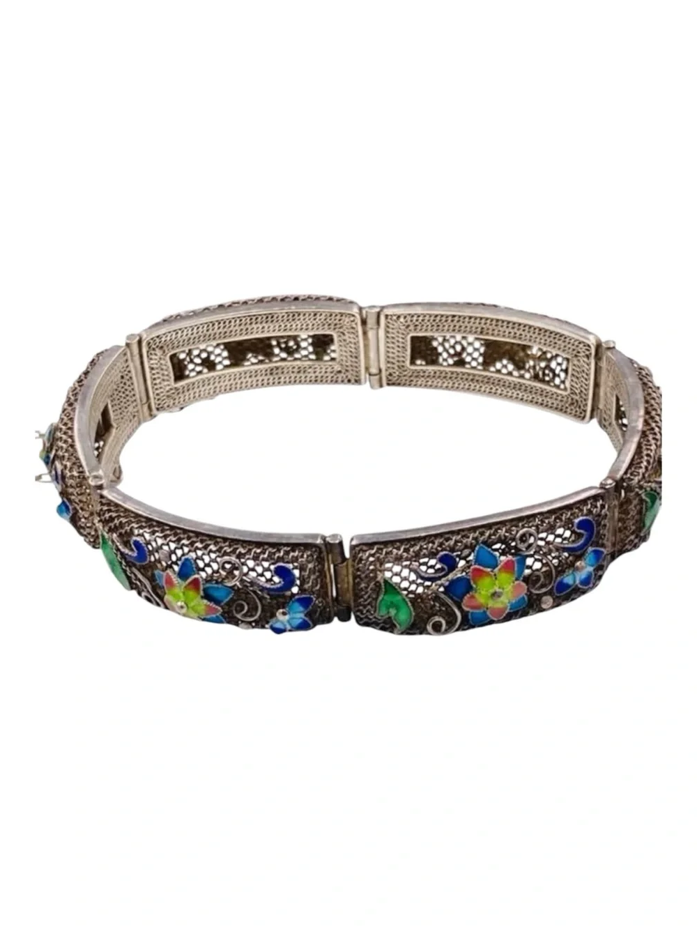 Exquisite Antique Chinese Export Silver Filigree Enamel Bracelet
